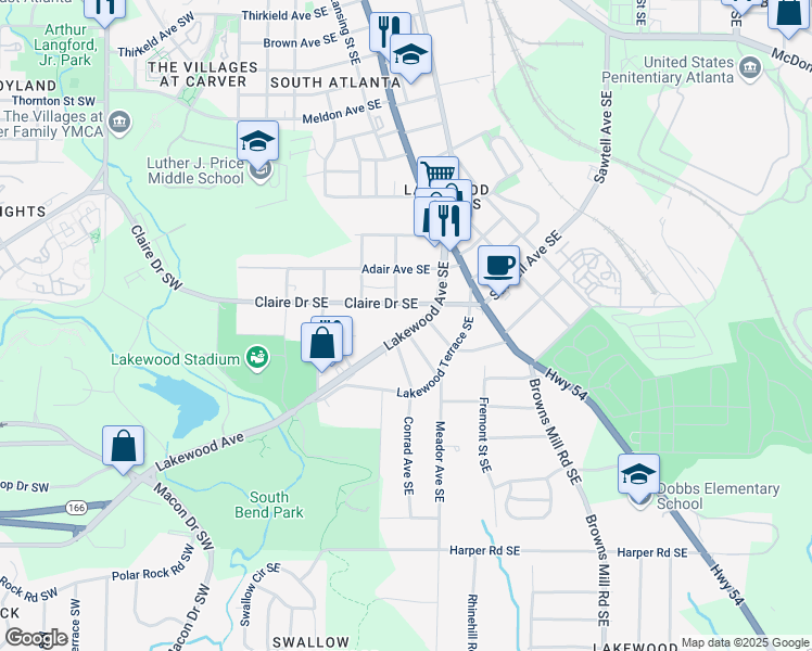 map of restaurants, bars, coffee shops, grocery stores, and more near 1839 Lakewood Avenue Southeast in Atlanta
