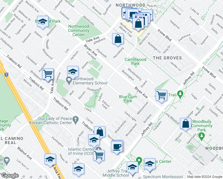 map of restaurants, bars, coffee shops, grocery stores, and more near 27 Columbus in Irvine
