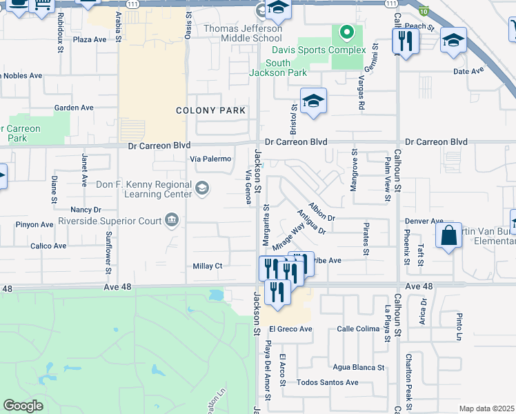 map of restaurants, bars, coffee shops, grocery stores, and more near Vía Venecia in Indio