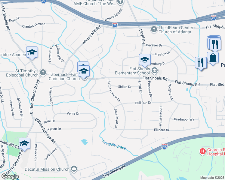 map of restaurants, bars, coffee shops, grocery stores, and more near 2454 Shiloh Drive in Decatur
