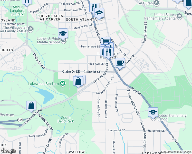 map of restaurants, bars, coffee shops, grocery stores, and more near 171 Claire Drive Southeast in Atlanta