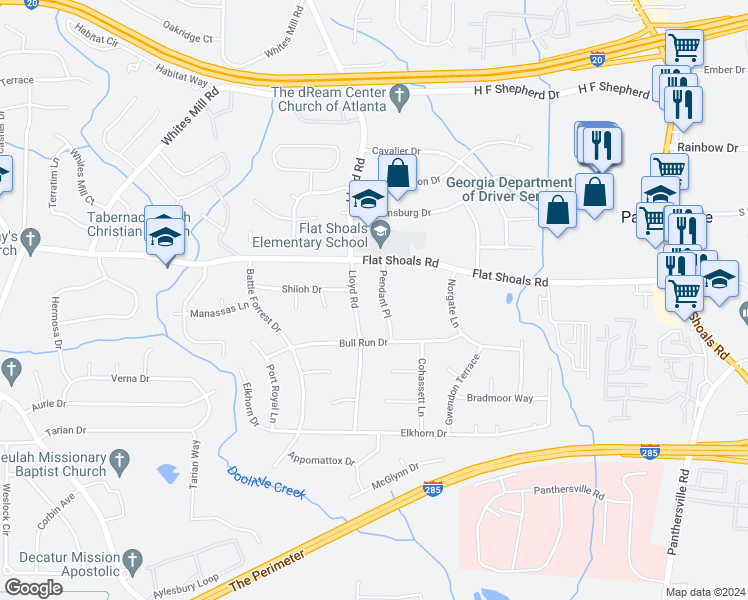 map of restaurants, bars, coffee shops, grocery stores, and more near 2819 Pendant Place in Decatur