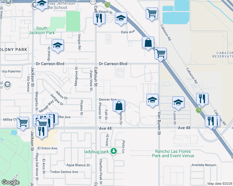 map of restaurants, bars, coffee shops, grocery stores, and more near Sandpiper Avenue in Indio