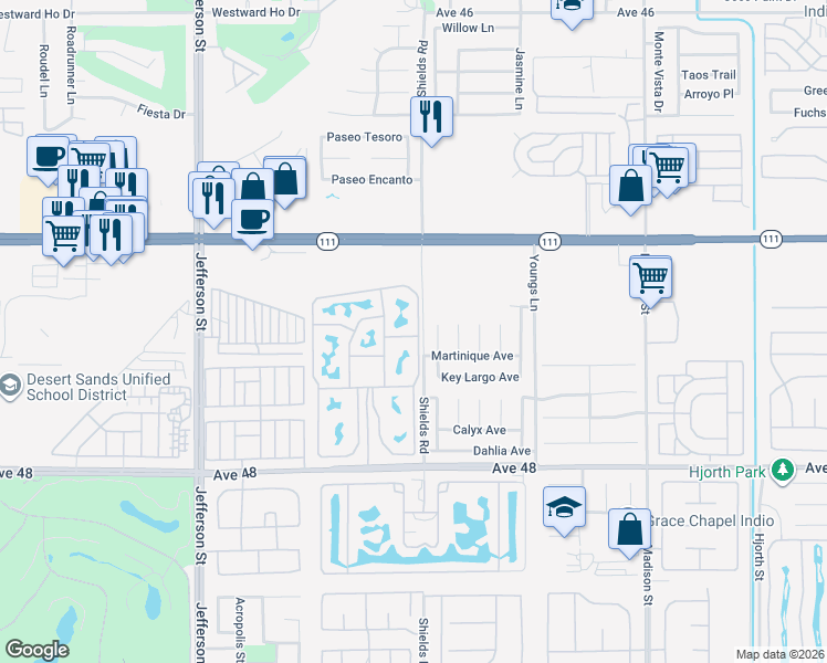 map of restaurants, bars, coffee shops, grocery stores, and more near 80394 Avenue 48 in Indio
