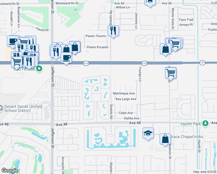 map of restaurants, bars, coffee shops, grocery stores, and more near 80394 Avenue 48 in Indio