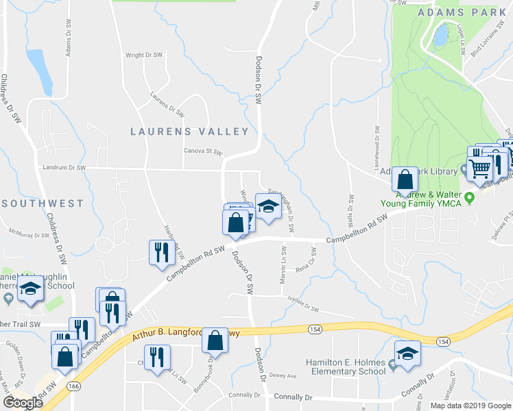 map of restaurants, bars, coffee shops, grocery stores, and more near 1884 Windsor Drive Southwest in Atlanta