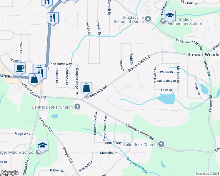 map of restaurants, bars, coffee shops, grocery stores, and more near 5665 Stewart Mill Road in Douglasville