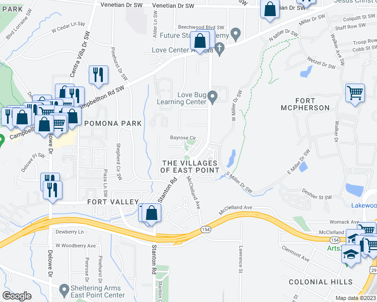 map of restaurants, bars, coffee shops, grocery stores, and more near 5030 Bayrose Circle in East Point