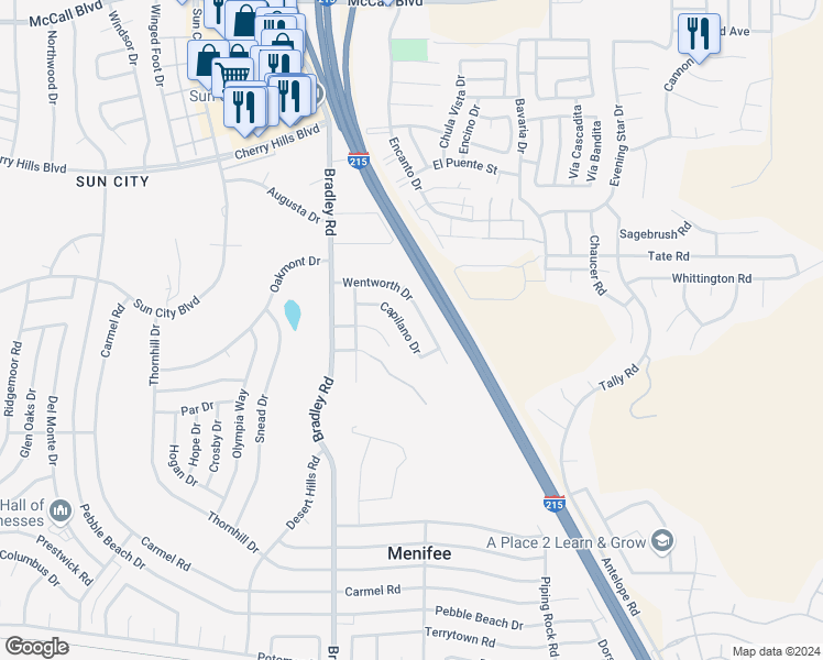 map of restaurants, bars, coffee shops, grocery stores, and more near 27256 Capilano Drive in Menifee