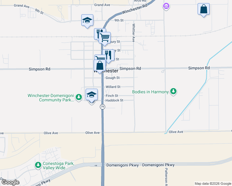 map of restaurants, bars, coffee shops, grocery stores, and more near 33098 Finch Street in Winchester