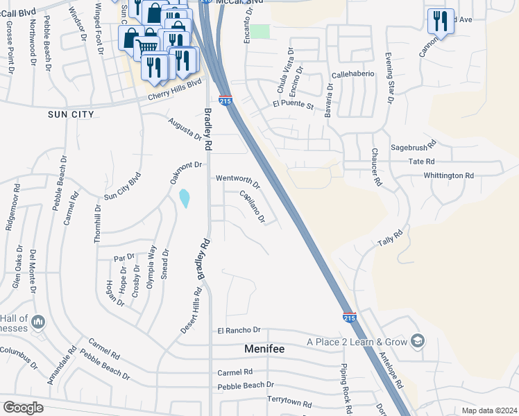 map of restaurants, bars, coffee shops, grocery stores, and more near 27256 Capilano Drive in Menifee