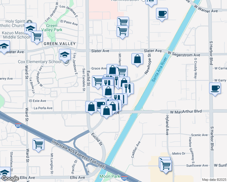 map of restaurants, bars, coffee shops, grocery stores, and more near 17800 Newhope St in Fountain Valley
