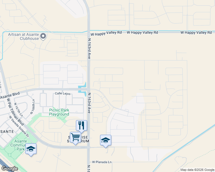 map of restaurants, bars, coffee shops, grocery stores, and more near 24276 North 162nd Avenue in Surprise
