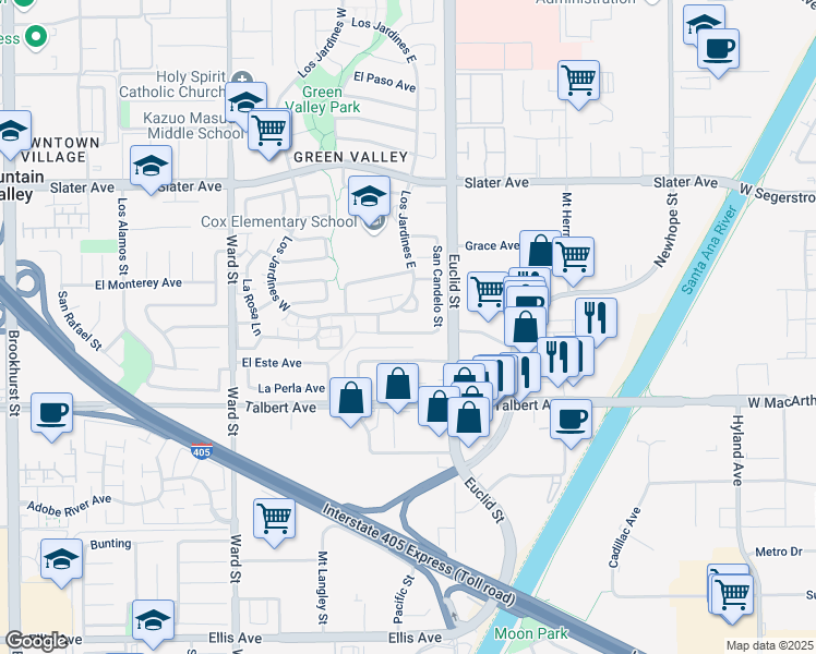 map of restaurants, bars, coffee shops, grocery stores, and more near 10884 San Paco Avenue in Fountain Valley