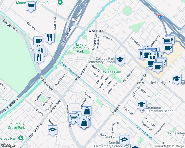 map of restaurants, bars, coffee shops, grocery stores, and more near 3596 Sego Street in Irvine