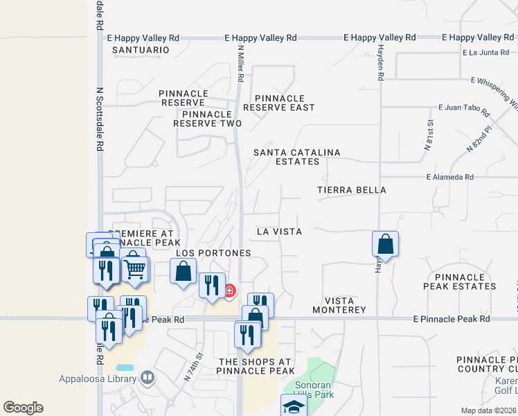 map of restaurants, bars, coffee shops, grocery stores, and more near 24101 North 76th Place in Scottsdale