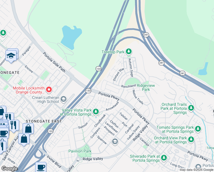map of restaurants, bars, coffee shops, grocery stores, and more near 36 Seedling in Irvine