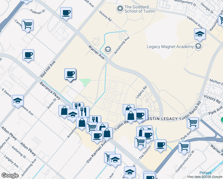 map of restaurants, bars, coffee shops, grocery stores, and more near 15991 Armstrong Avenue in Tustin