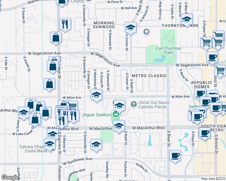 map of restaurants, bars, coffee shops, grocery stores, and more near 3206 South Townsend Street in Santa Ana