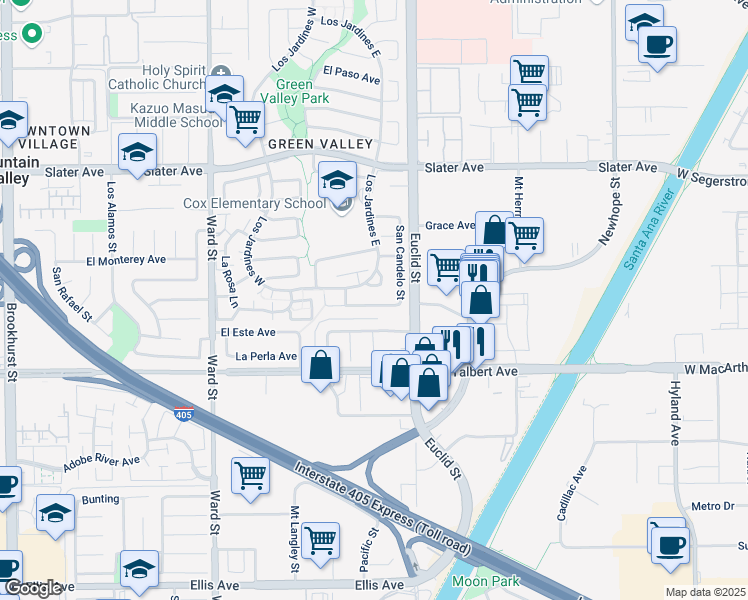 map of restaurants, bars, coffee shops, grocery stores, and more near 10884 San Paco Avenue in Fountain Valley