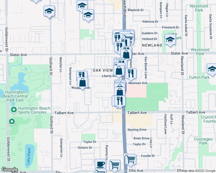 map of restaurants, bars, coffee shops, grocery stores, and more near 7845 Newman Avenue in Huntington Beach
