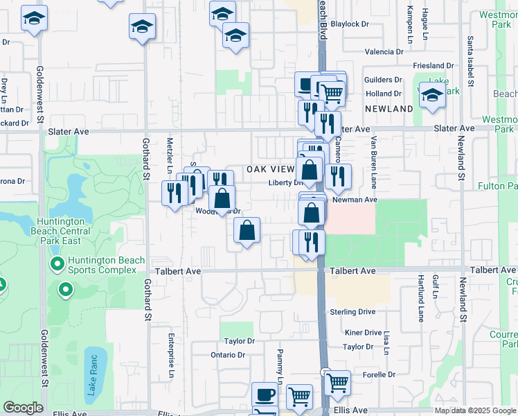 map of restaurants, bars, coffee shops, grocery stores, and more near 7761 Newman Avenue in Huntington Beach
