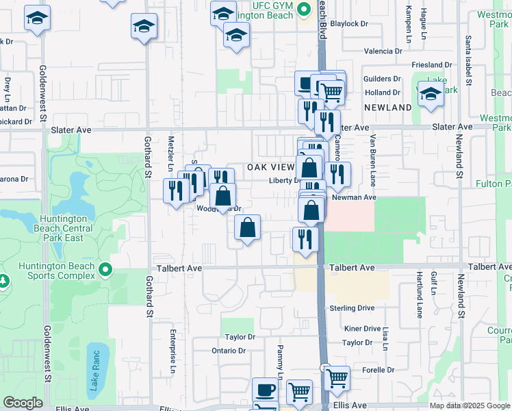 map of restaurants, bars, coffee shops, grocery stores, and more near 7761 Newman Avenue in Huntington Beach