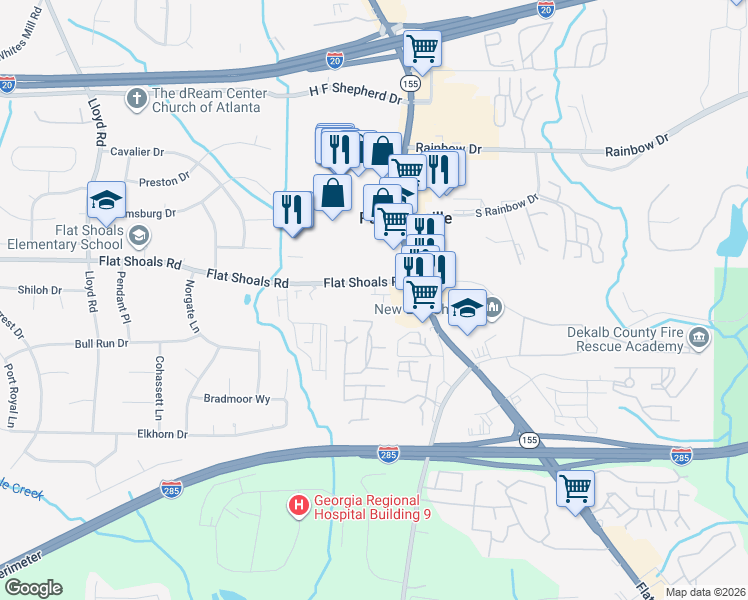 map of restaurants, bars, coffee shops, grocery stores, and more near 2816 Hillside Way in Decatur