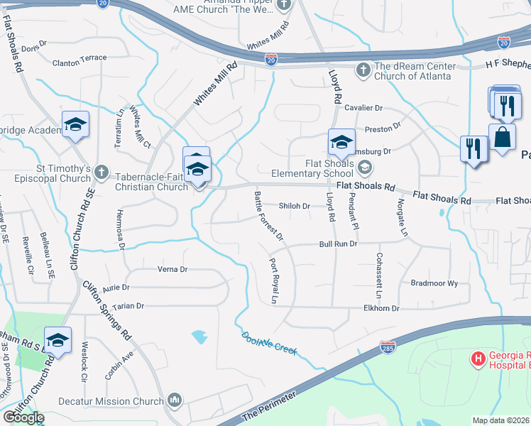 map of restaurants, bars, coffee shops, grocery stores, and more near 2454 Shiloh Drive in Decatur
