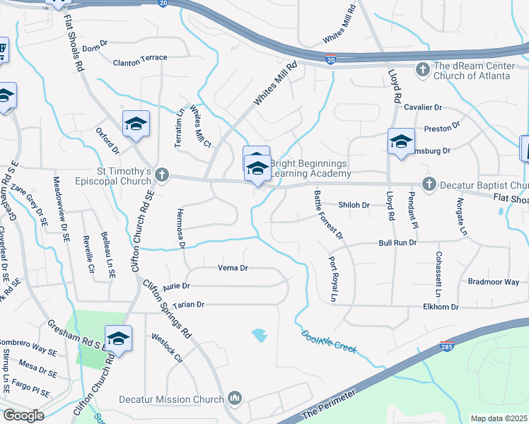 map of restaurants, bars, coffee shops, grocery stores, and more near 2825 Battlecrest Drive in Decatur