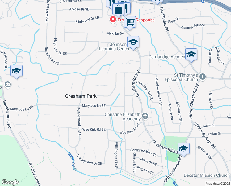map of restaurants, bars, coffee shops, grocery stores, and more near 1932 Boulderview Drive Southeast in Atlanta