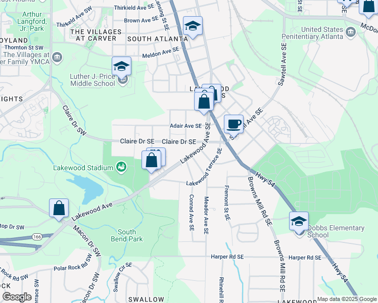 map of restaurants, bars, coffee shops, grocery stores, and more near 1839 Lakewood Avenue Southeast in Atlanta