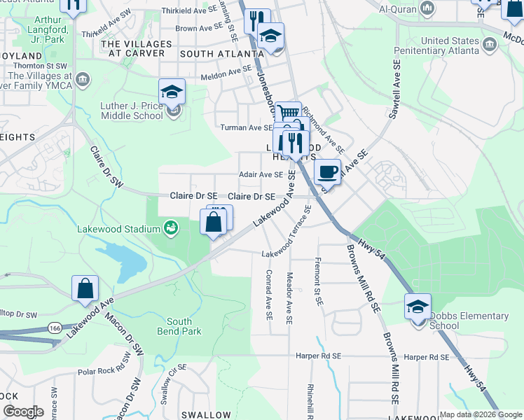 map of restaurants, bars, coffee shops, grocery stores, and more near 171 Claire Drive Southeast in Atlanta