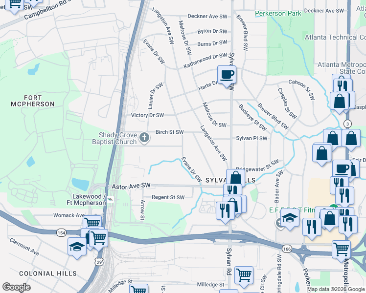 map of restaurants, bars, coffee shops, grocery stores, and more near 1064 Birch Street Southwest in Atlanta