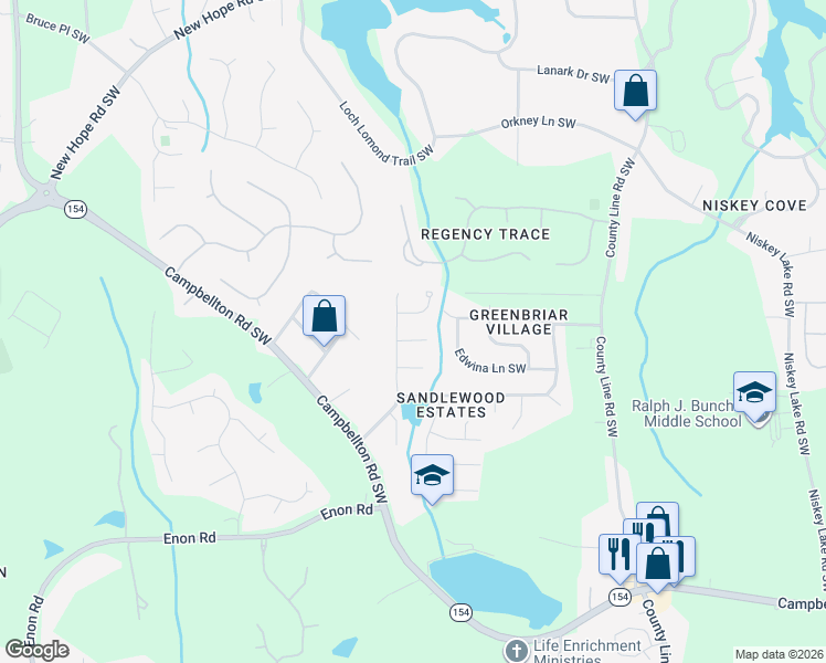 map of restaurants, bars, coffee shops, grocery stores, and more near 2400 Sandfall Court Southwest in Atlanta