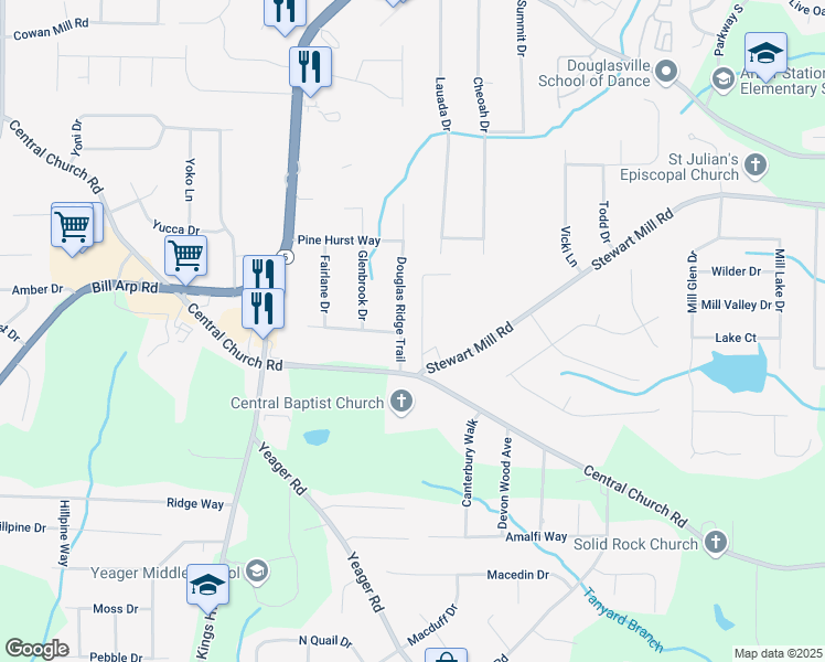 map of restaurants, bars, coffee shops, grocery stores, and more near 3730 Douglas Ridge Trail in Douglasville