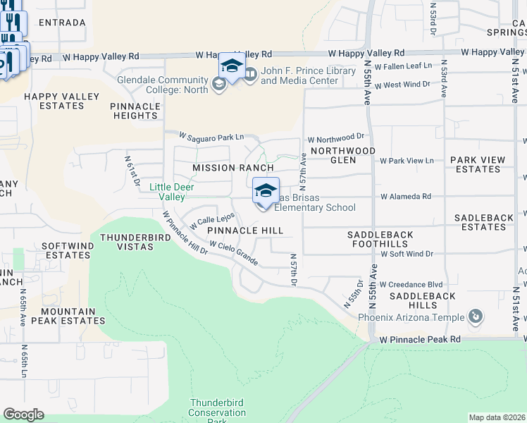 map of restaurants, bars, coffee shops, grocery stores, and more near 5805 West Alameda Road in Glendale