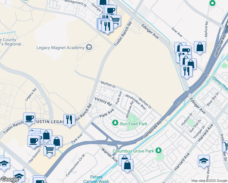 map of restaurants, bars, coffee shops, grocery stores, and more near 126 Waypoint in Tustin