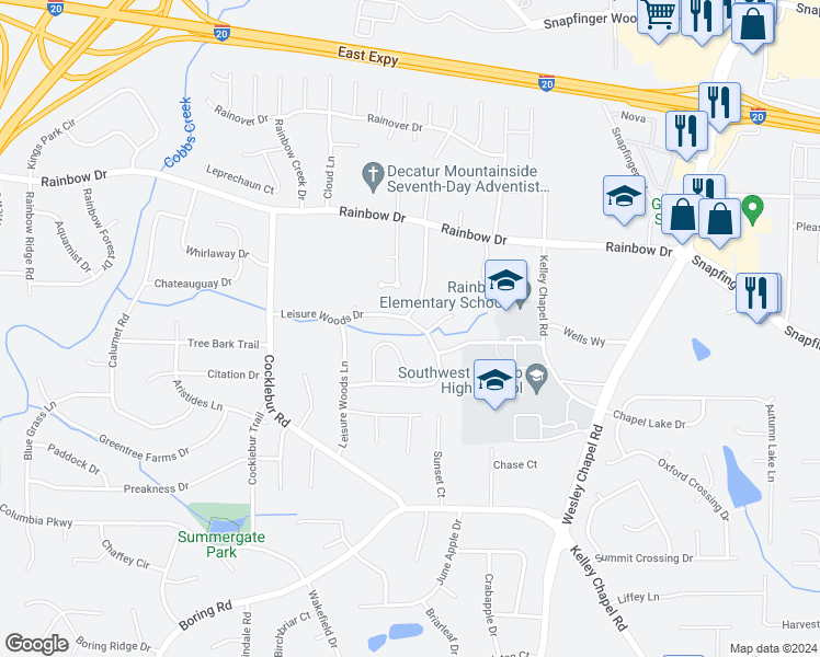 map of restaurants, bars, coffee shops, grocery stores, and more near 3917 Leisure Woods Drive in Decatur