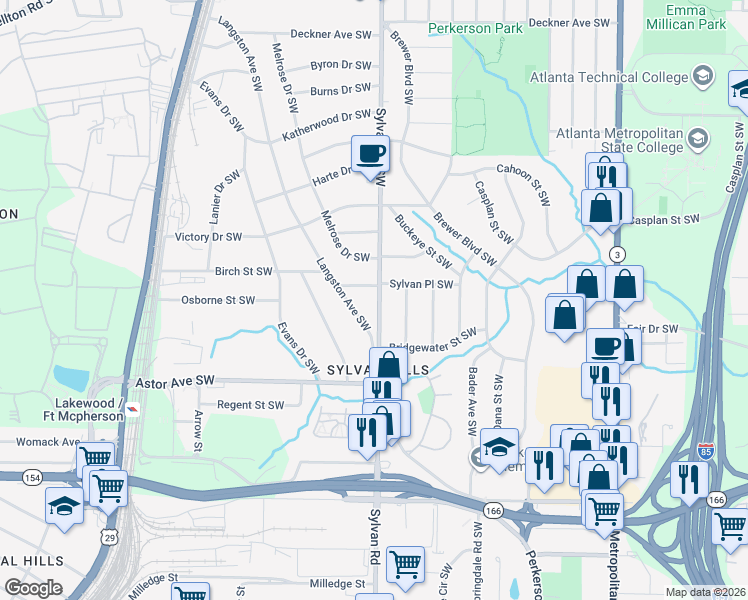 map of restaurants, bars, coffee shops, grocery stores, and more near 1823 Sylvan Road Southwest in Atlanta