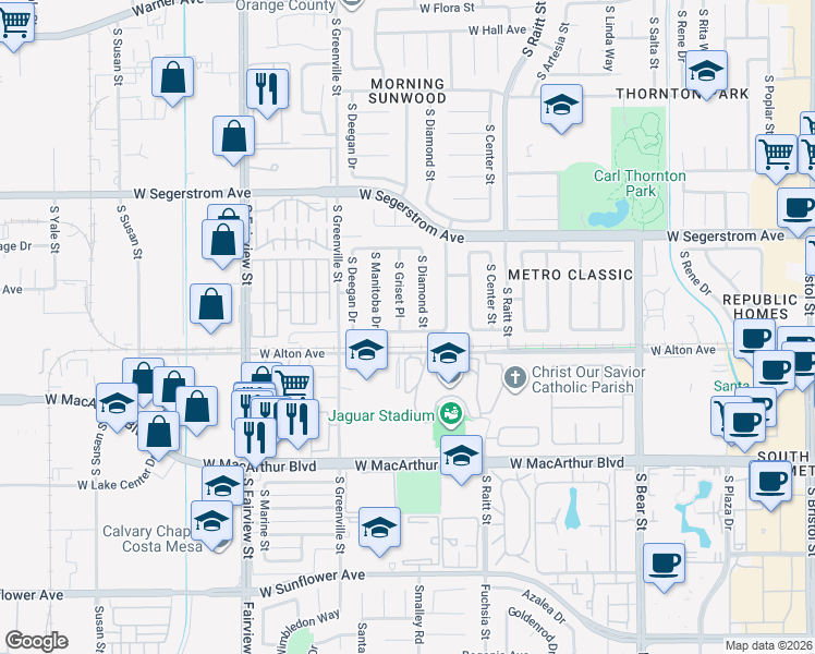 map of restaurants, bars, coffee shops, grocery stores, and more near 3205 South Griset Place in Santa Ana
