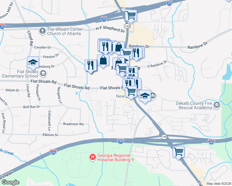 map of restaurants, bars, coffee shops, grocery stores, and more near 2816 Hillside Way in Decatur