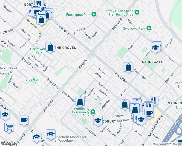 map of restaurants, bars, coffee shops, grocery stores, and more near 5 Franklin in Irvine