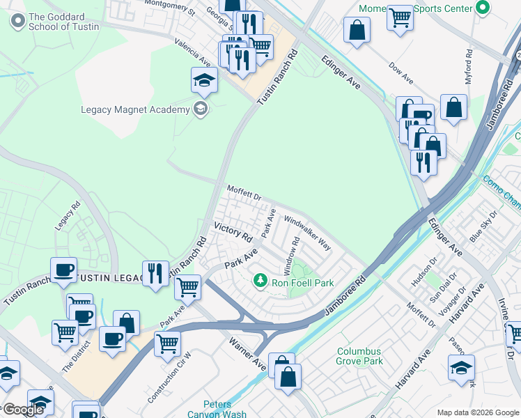 map of restaurants, bars, coffee shops, grocery stores, and more near 159 Waypoint in Tustin
