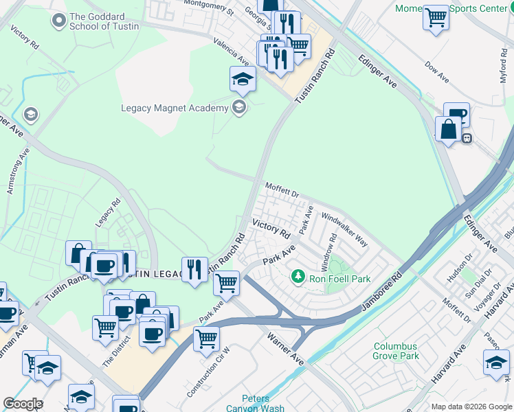 map of restaurants, bars, coffee shops, grocery stores, and more near 275 Lodestar in Tustin