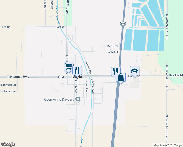 map of restaurants, bars, coffee shops, grocery stores, and more near 120 North Bayou Avenue in Boyle