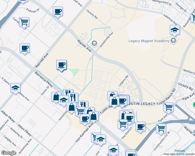 map of restaurants, bars, coffee shops, grocery stores, and more near 15991 Armstrong Avenue in Tustin