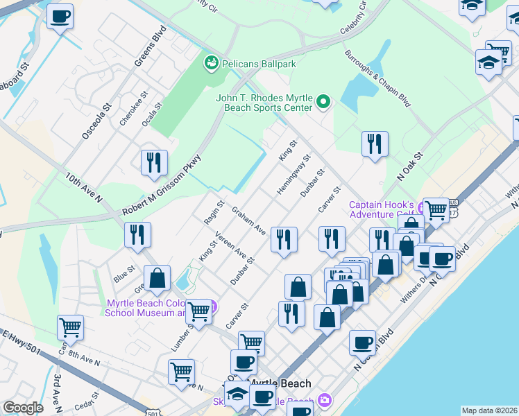map of restaurants, bars, coffee shops, grocery stores, and more near 1301 King Street in Myrtle Beach