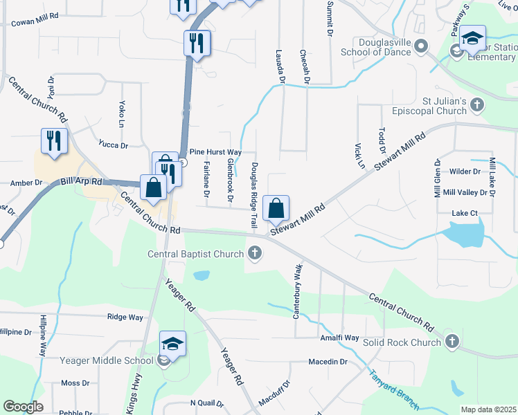 map of restaurants, bars, coffee shops, grocery stores, and more near 3730 Douglas Ridge Trail in Douglasville