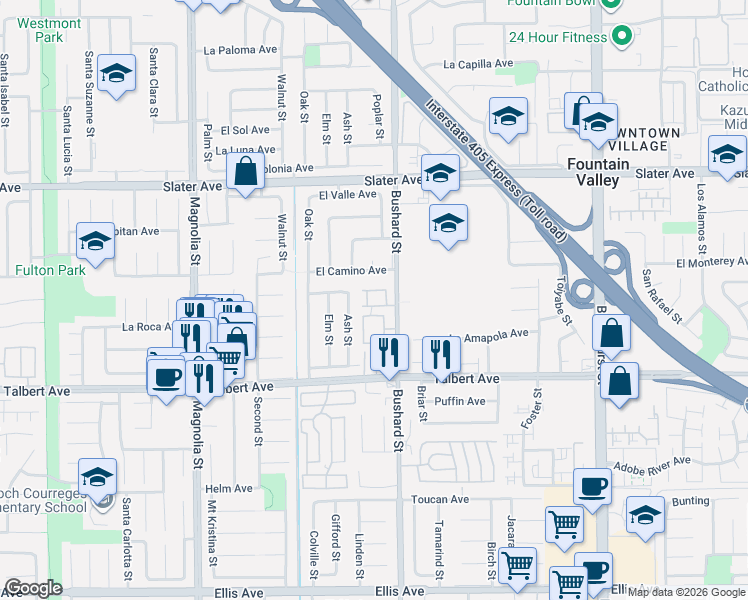 map of restaurants, bars, coffee shops, grocery stores, and more near 17772 Independence Lane in Fountain Valley